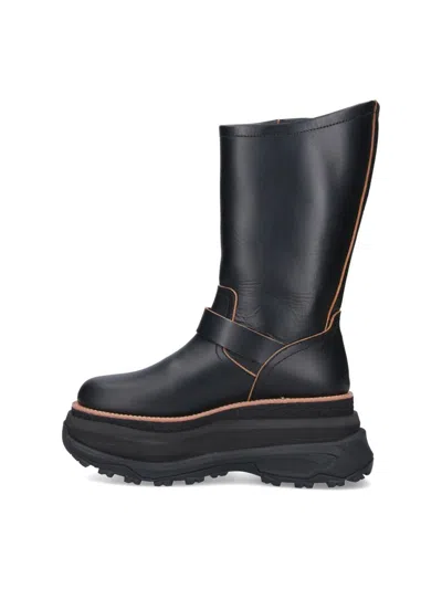 Sacai Leather Platform Biker Boots In Black