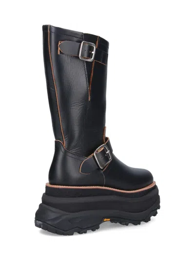 Sacai Leather Platform Biker Boots In Black