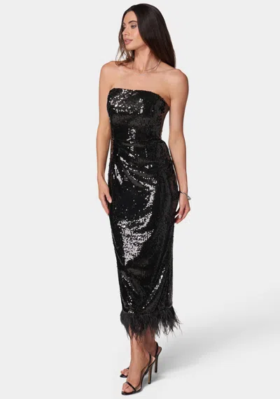 Bebe Sequin Strapless Midi Dress With Feather Trim In Black