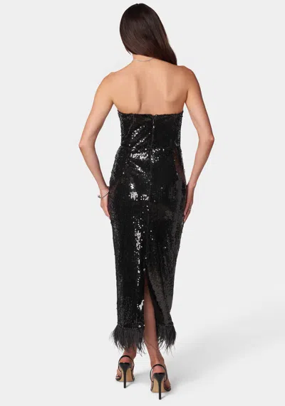 Bebe Sequin Strapless Midi Dress With Feather Trim In Black