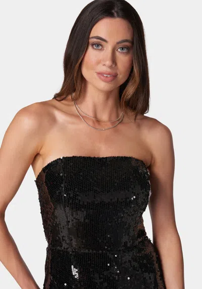 Bebe Sequin Strapless Midi Dress With Feather Trim In Black