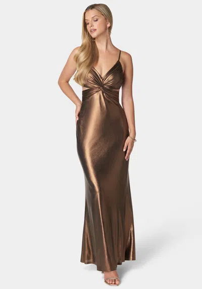 Bebe Twist Bodice Metallic Gown In Chocolate
