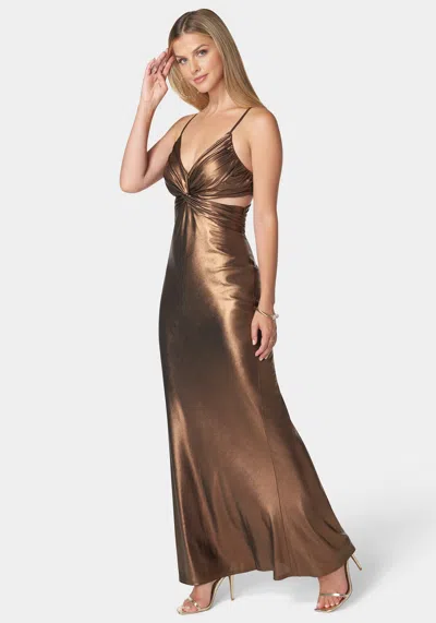 Bebe Twist Bodice Metallic Gown In Chocolate