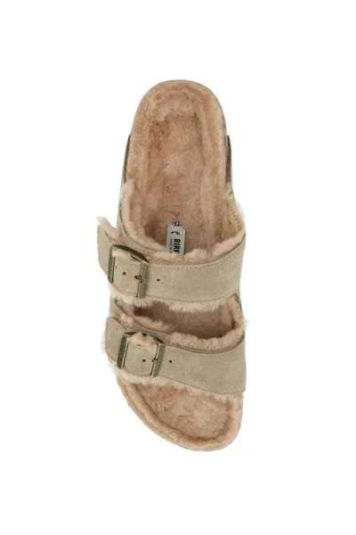 Shop Birkenstock Narrow Fit Arizona Shearling Slides In Neutro