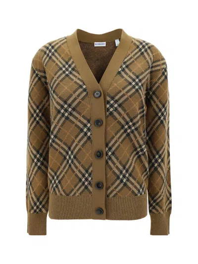 Burberry Check Pattern Ribbed Cardigan In Brown