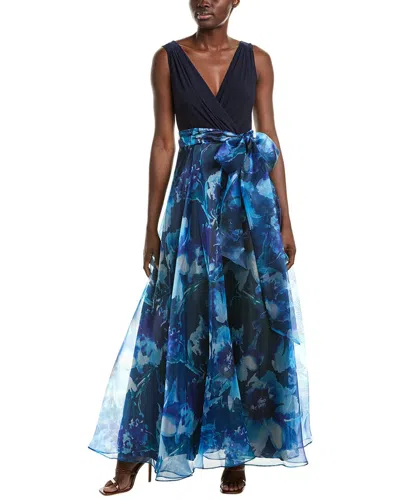 Eliza J Sleeveless Surplice Neck Mixed Media Gown In Blue