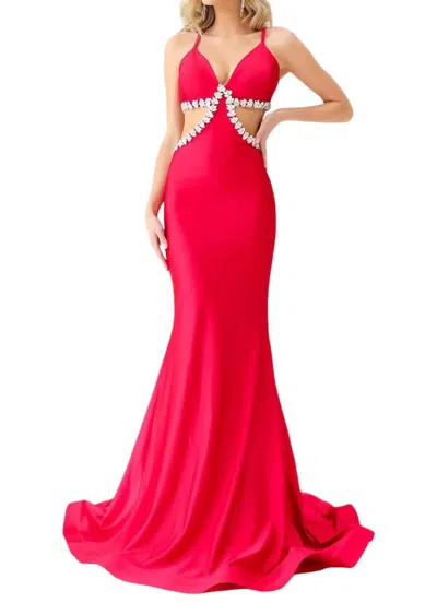 Jessica Angel Plunging V-neck Jersey Mermaid Gown In Red In Red