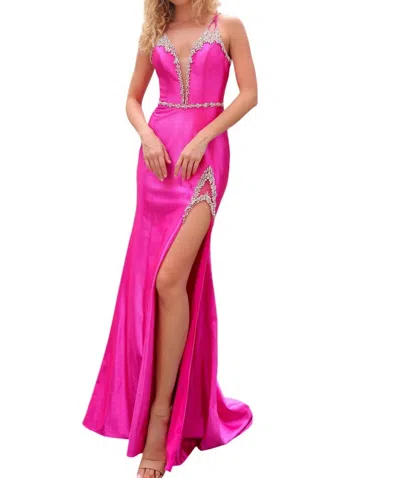 Nox Anabel Fitted Glitter Satin Sleeveless Slit Gown In Fuchsia In Pink