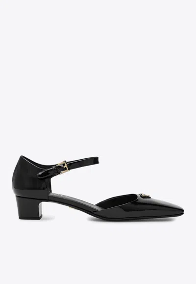 Shop Prada 35 Triangle Logo Patent Leather Pumps In Black