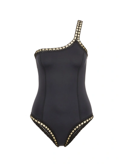 Kiini 'chacha' Metallic Crochet Trim One-shoulder Swimsuit In Black-gold