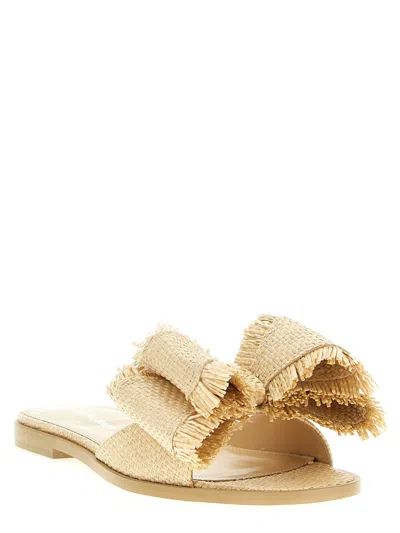 Mach&mach Cadeau Raffia Bow Flat Slide Sandals In Beige
