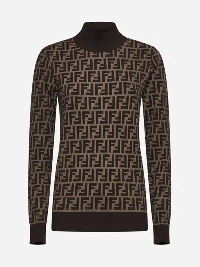 Fendi Ff Jacquard Turtleneck Sweater In Brown