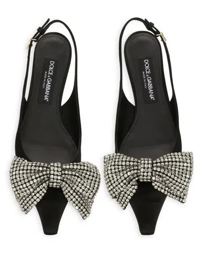 Dolce & Gabbana Satin Sling-back With Rhinestone Embroidery In Black