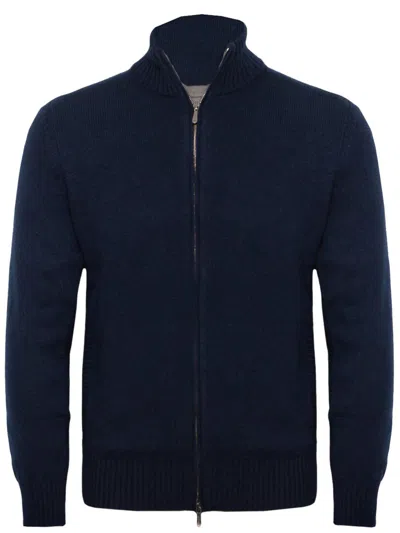 Drumohr Full Zip High Collar Ribbed Sweater In Blue