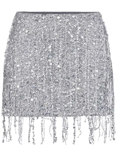 Elisabetta Franchi Sequin Tulle Skirt With Fringe And Metallic Finish In Silver