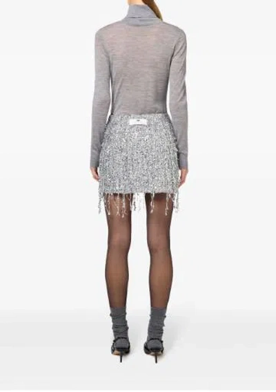 Elisabetta Franchi Sequin Tulle Skirt With Fringe And Metallic Finish In Silver