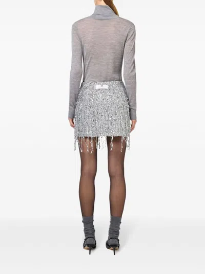 Elisabetta Franchi Sequin Tulle Skirt With Fringe And Metallic Finish In Silver