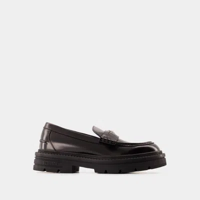 Versace Loafers Calf Leather Flat Shoes In Black