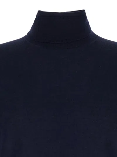 Plain Dark Blue Turtleneck Sweater In Merino Wool And Silk Blend Man In Blue