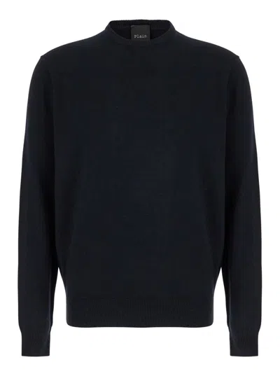 Plain Dark Blue Crewneck Sweater In Merino Wool And Silk Blend Man In Black