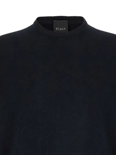 Plain Dark Blue Crewneck Sweater In Merino Wool And Silk Blend Man In Black