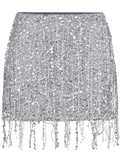 Elisabetta Franchi Sequin Tulle Skirt With Fringe And Metallic Finish In Silver