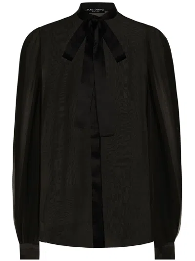 Dolce & Gabbana Black Shirt With Bow And Jacquard Dg Logo In Black