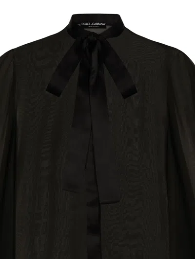 Dolce & Gabbana Black Shirt With Bow And Jacquard Dg Logo In Black
