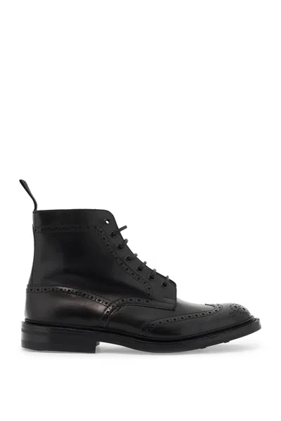 Tricker's Leather Stow Combat Booties With Brogue Design In Black