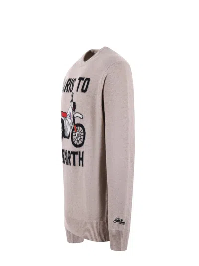 Mc2 Saint Barth Man Sweater With Paris To St.barth Front Print In Beige