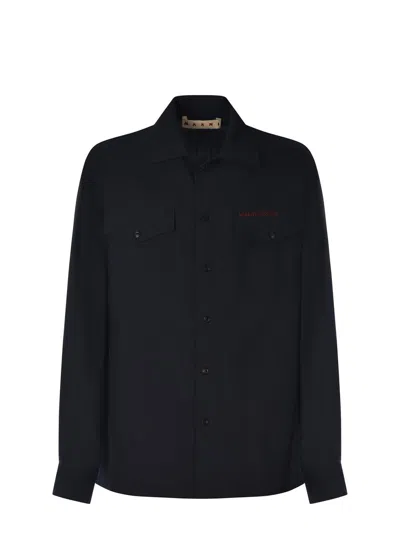 Marni Wool Shirt With Logo Embroidery In Black