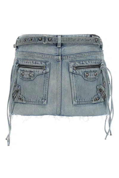 Balenciaga Studded Denim Cagole Mini Skirt In Blue