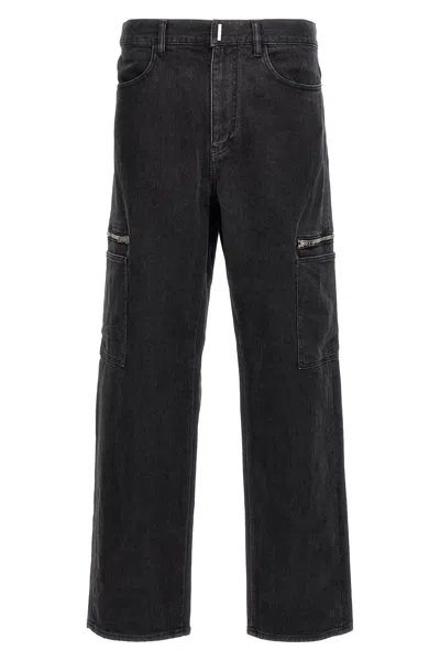 Givenchy Black Cargo Denim Jeans With 4g Print In Black
