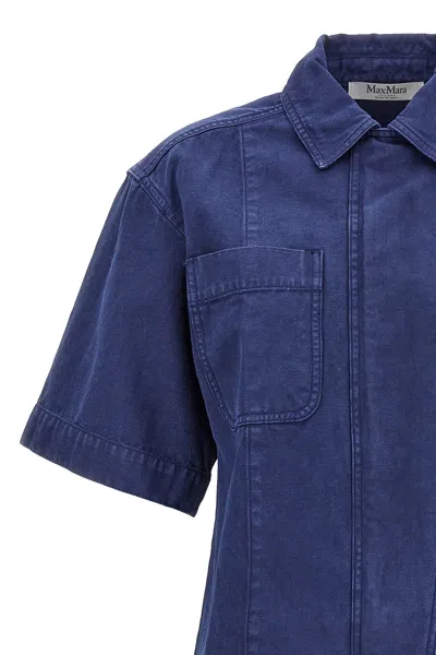 Max Mara Oversize Lapel Cotton Shirt With Curved Hem In Blue