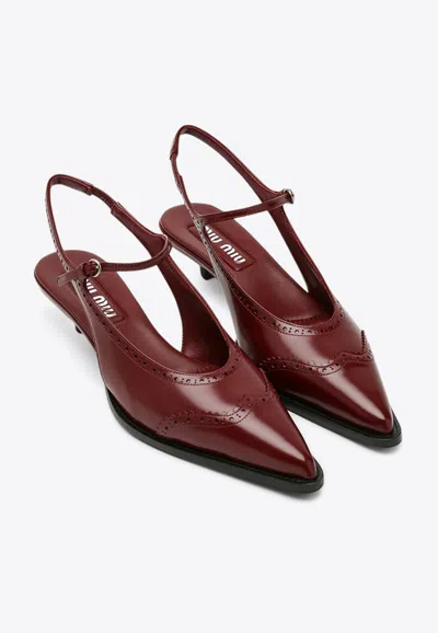 Miu Miu 35 Brogue Slingback Pumps In Brushed Leather In Bordeaux