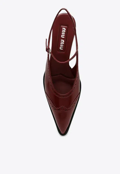 Miu Miu 35 Brogue Slingback Pumps In Brushed Leather In Bordeaux