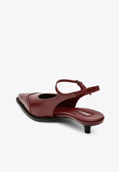 Miu Miu 35 Brogue Slingback Pumps In Brushed Leather In Bordeaux