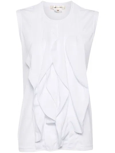 Comme Des Garçons Round Neck Sleeveless Top With Ruffled Detailing In White