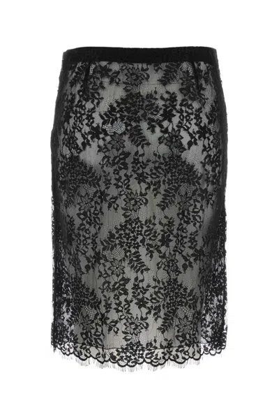 Saint Laurent Sheer Floral Lace Overlay Skirt In Black