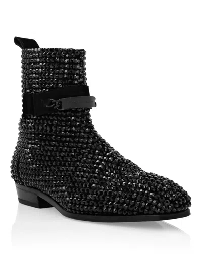Philipp Plein Suede Flat Boots Stones In Black