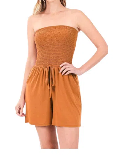 Zenana Smocked Shorts Romper In Almond In Pink