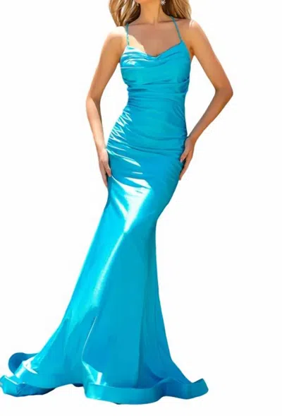 Amelia Couture Cowl-neck Long Formal Prom Dress With Train In Turquise In Multi