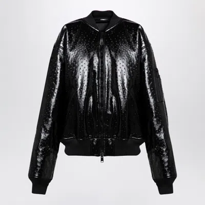 Shop Balenciaga Black Leather Ostrich Effect Bomber Jacket