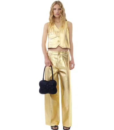 Ganni Gold Vest With Branded Buttons In Laminated Denim Woman