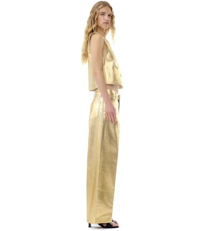 Ganni Gold Vest With Branded Buttons In Laminated Denim Woman