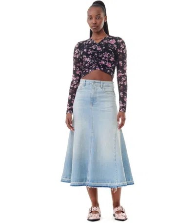 Ganni Pleated Denim Midi Skirt In Multi