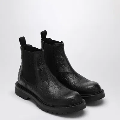 Gucci Black Leather Ankle Boot With Web Detail Men In Gray