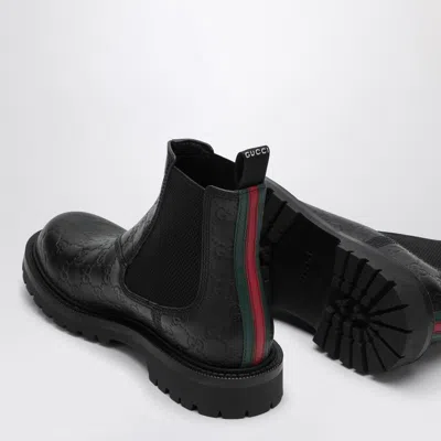 Gucci Black Leather Ankle Boot With Web Detail Men In Gray
