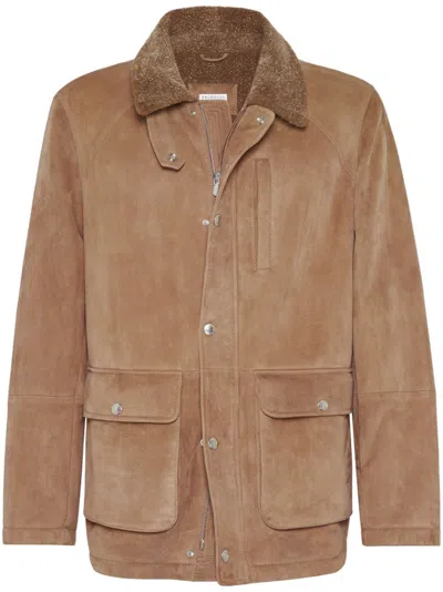 Brunello Cucinelli Shearling Lined Field Jacket For Men In Tan