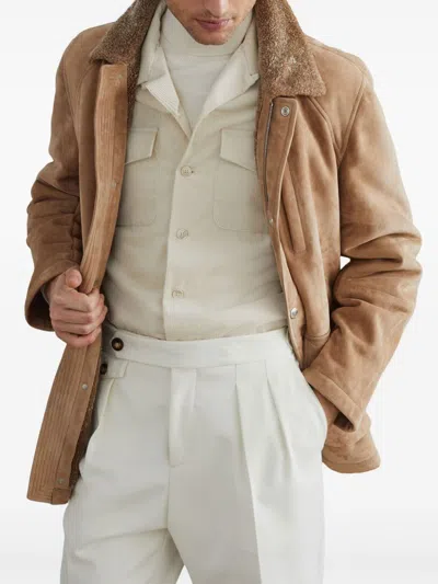 Brunello Cucinelli Shearling Lined Field Jacket For Men In Tan